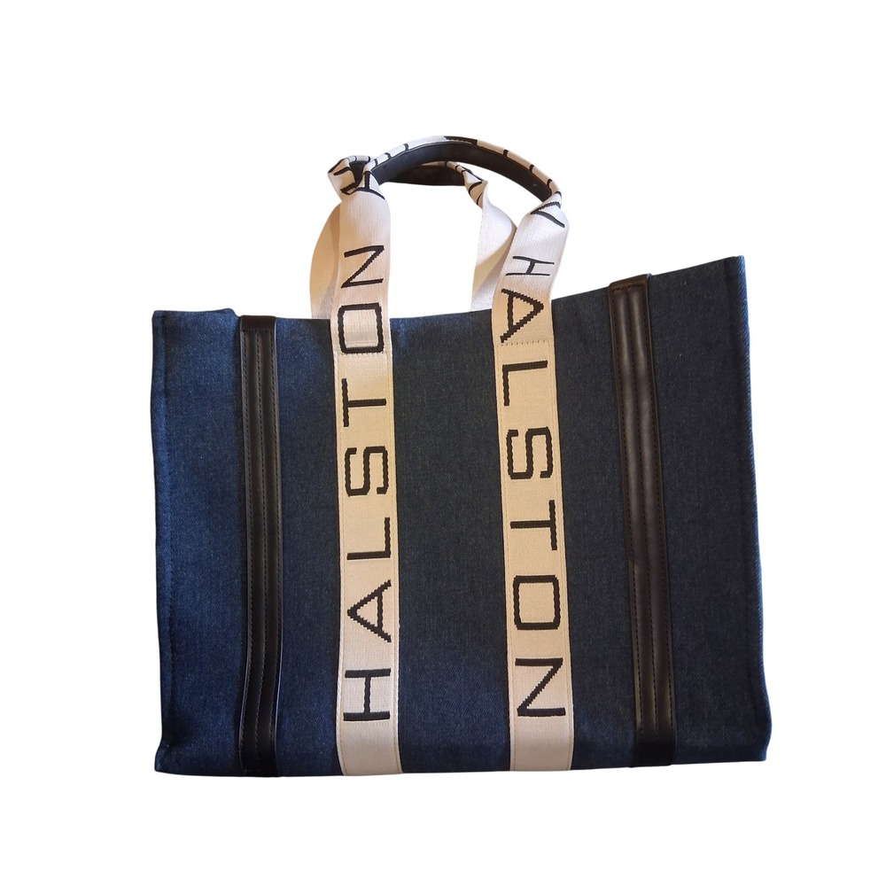 H Halston Blue Denim Tote Bag with Logo Straps and Crossbody Strap